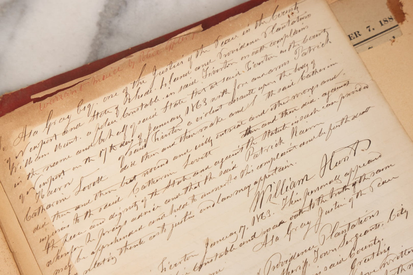 Lot 003 - Pair Of Antique Scrapbooks Containing Mostly Arrest Warrants, Other Official Documents, Dating From 1840s To 1880s Documents Addressed To Asa Gray, Justice Of The Peace, County Of Newport, Rhode Island And Providence Plantations