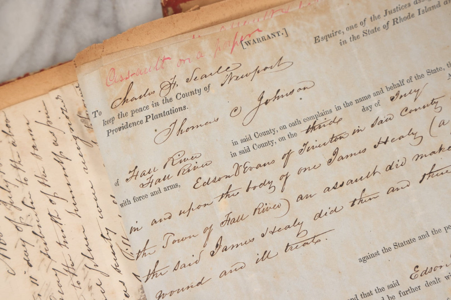 Lot 003 - Pair Of Antique Scrapbooks Containing Mostly Arrest Warrants, Other Official Documents, Dating From 1840s To 1880s Documents Addressed To Asa Gray, Justice Of The Peace, County Of Newport, Rhode Island And Providence Plantations