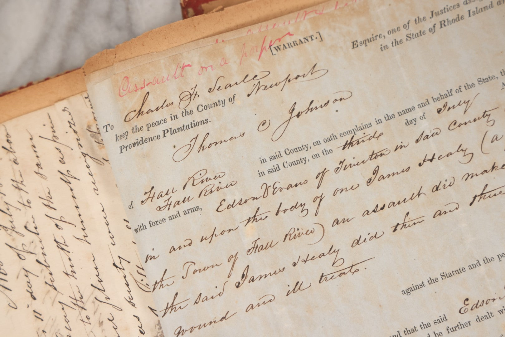 Lot 003 - Pair Of Antique Scrapbooks Containing Mostly Arrest Warrants, Other Official Documents, Dating From 1840s To 1880s Documents Addressed To Asa Gray, Justice Of The Peace, County Of Newport, Rhode Island And Providence Plantations