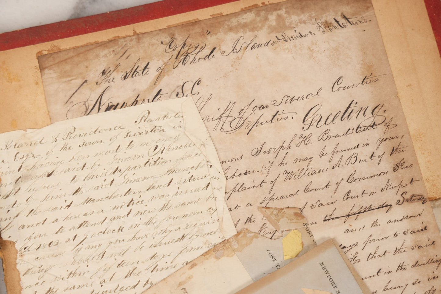 Lot 003 - Pair Of Antique Scrapbooks Containing Mostly Arrest Warrants, Other Official Documents, Dating From 1840s To 1880s Documents Addressed To Asa Gray, Justice Of The Peace, County Of Newport, Rhode Island And Providence Plantations
