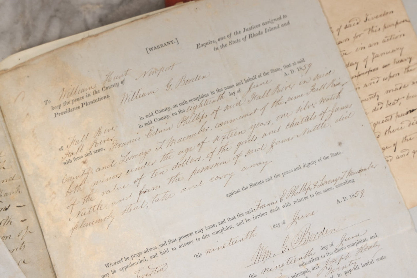 Lot 003 - Pair Of Antique Scrapbooks Containing Mostly Arrest Warrants, Other Official Documents, Dating From 1840s To 1880s Documents Addressed To Asa Gray, Justice Of The Peace, County Of Newport, Rhode Island And Providence Plantations