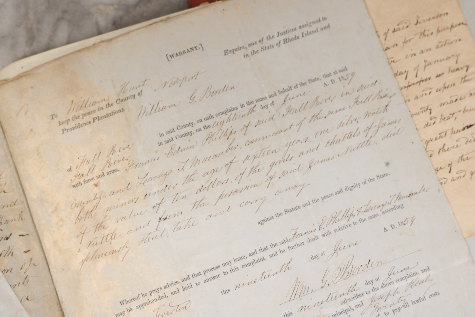 Lot 003 - Pair Of Antique Scrapbooks Containing Mostly Arrest Warrants, Other Official Documents, Dating From 1840s To 1880s Documents Addressed To Asa Gray, Justice Of The Peace, County Of Newport, Rhode Island And Providence Plantations
