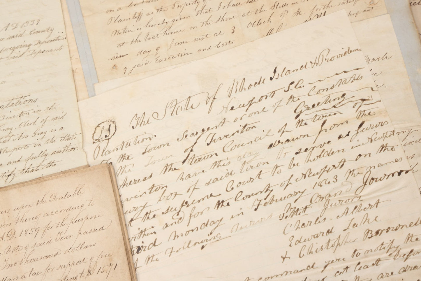 Lot 003 - Pair Of Antique Scrapbooks Containing Mostly Arrest Warrants, Other Official Documents, Dating From 1840s To 1880s Documents Addressed To Asa Gray, Justice Of The Peace, County Of Newport, Rhode Island And Providence Plantations