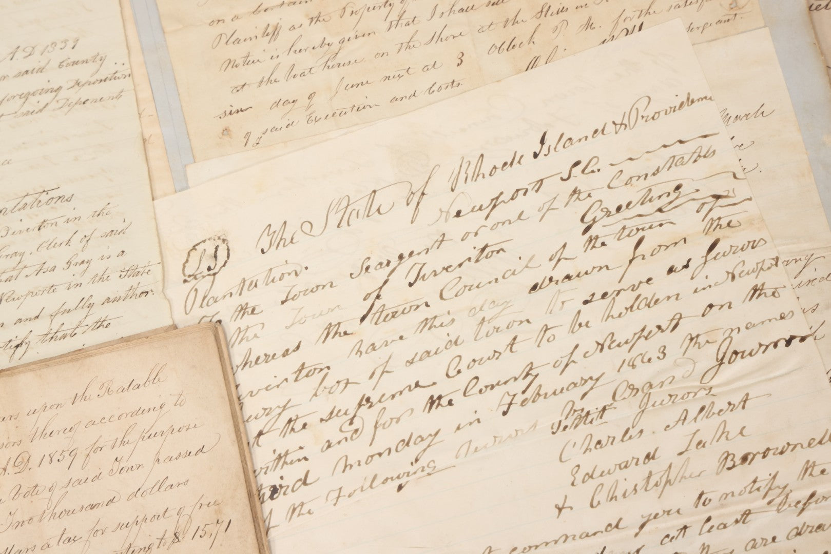 Lot 003 - Pair Of Antique Scrapbooks Containing Mostly Arrest Warrants, Other Official Documents, Dating From 1840s To 1880s Documents Addressed To Asa Gray, Justice Of The Peace, County Of Newport, Rhode Island And Providence Plantations