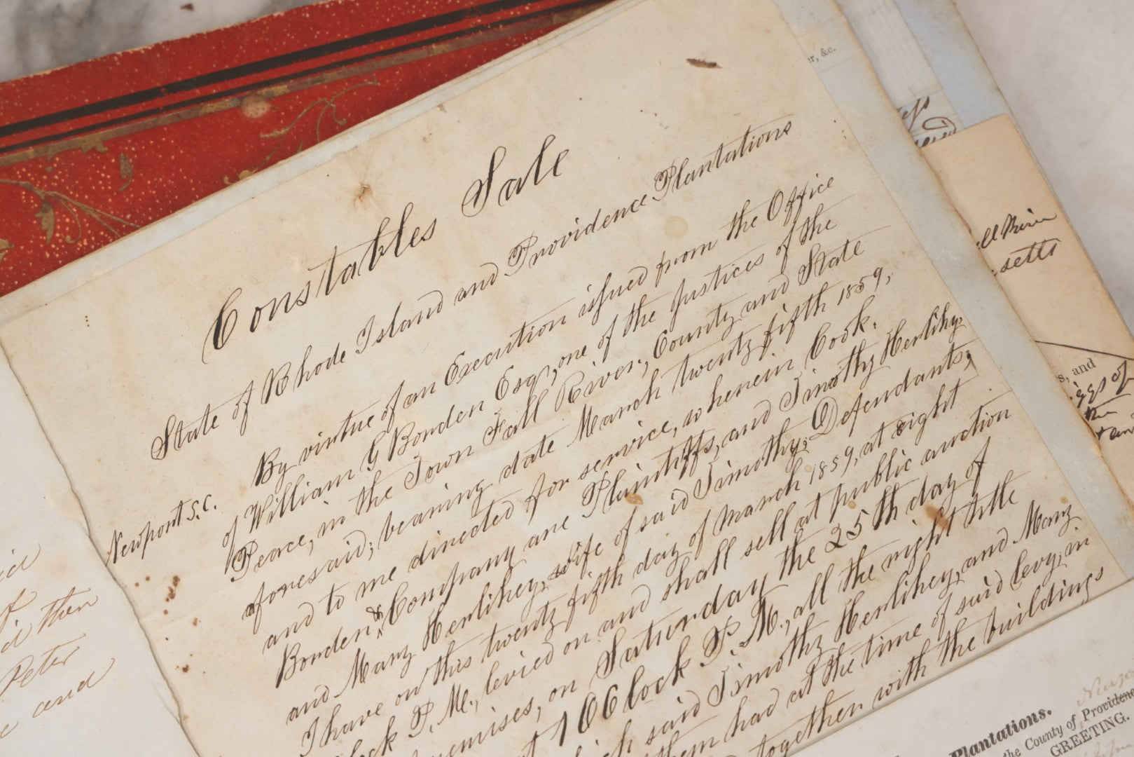 Lot 003 - Pair Of Antique Scrapbooks Containing Mostly Arrest Warrants, Other Official Documents, Dating From 1840s To 1880s Documents Addressed To Asa Gray, Justice Of The Peace, County Of Newport, Rhode Island And Providence Plantations