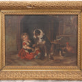 Lot 004 - Antique Oil On Canvas Painting Of Young Girl In Red Dress Holding Puppy With Dog, Spinning Wheel, Birds, In Original Wood Backed Ornate Gesso Gold Painted Frame, Note Frame Losses, 18-1/2" x 14-3/4"