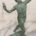 Lot 007 - Antique Cast Metal Nude Mythological Pan Statue In Victory Triumph Pose With Tail, Horns, Green Patina, 12-1/4" Height