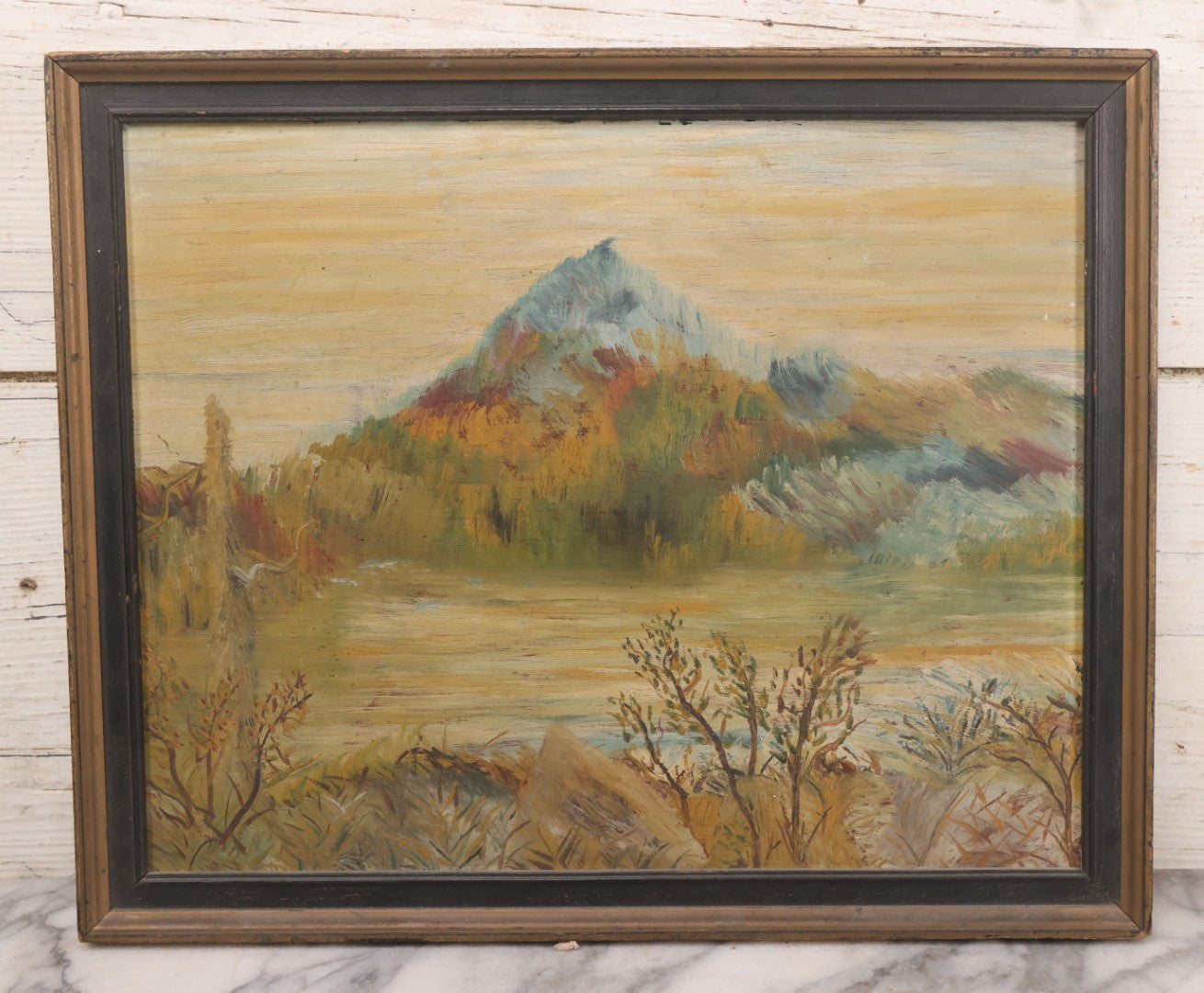 Lot 026 - Antique Oil On Wood Panel Landscape Mountain Scene With Fall Foliage, Pond, In Frame, 16-5/8" x 13-5/8"