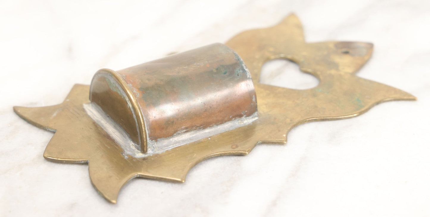 Lot 032 - Antique Hand Made Punched Brass Match Safe Wall Pocket With Heart Motif, Decorative Edge, 3-3/8" x 6-1/4"