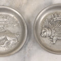 Lot 039 - Pair Of Vintage French Pewter Trinket Dish Cup Plates With Coat Of Arms Including Porcupine Of King Louis Xii And Salamander Of Francis I, Marked "Étain Fin" ("Fine Pewter"), 3-5/8" Diameter