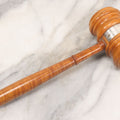 Lot 043 - Vintage Tiger Maple Masonic Gavel Hammer With Engraved Badge, "Mount Moriah A.F. & A.M., Albert K. Courmier, 1945, Master, 1946"
