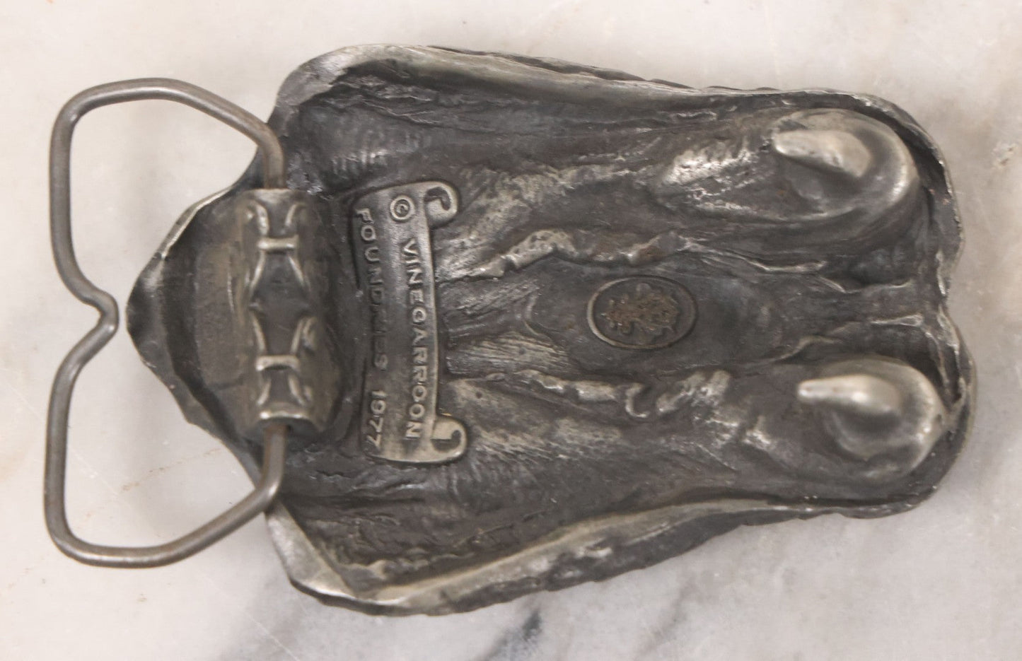 Lot 065 - Vintage Pewter Snake Head Novelty Belt Buckle With Fangs, Marked "Fine Pewter," Copyright Vinegarroon, 1977