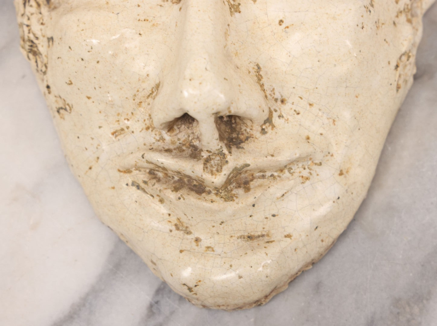 Lot 076 - Vintage Ceramic Grotesque Devil Mask With Off-White Glaze, Darkened Patina, 6-1/2" x 8-3/4"