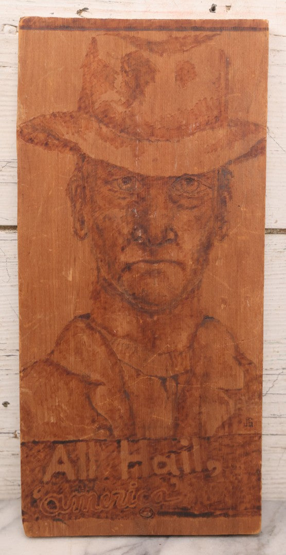 Lot 082 - Vintage Folk Art Western Americana Pyrography Wood Burned Pa ...