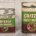 Lot 095 - Pair Of Vintage Grizzly Beveled Faucet Washers Tins, Two Sizes With Bear Graphics, With Contents, Kirkhill Rubber Co., Los Angeles, California, 2-3/8" and 3-1/4" Heights