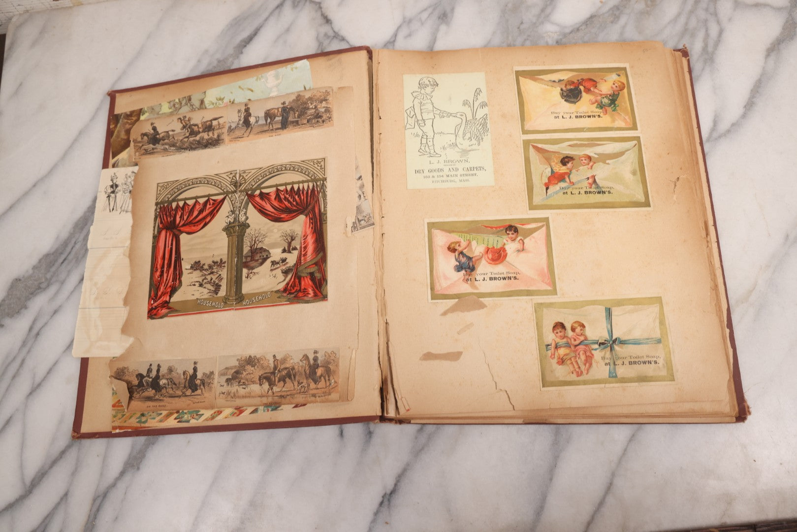 Lot 114 - Antique Victorian Scrapbook Album With Textured Urns On Cover Containing 70+ Pieces Including Trade Cards, Die Cuts, Calling Cards, And Other Scraps