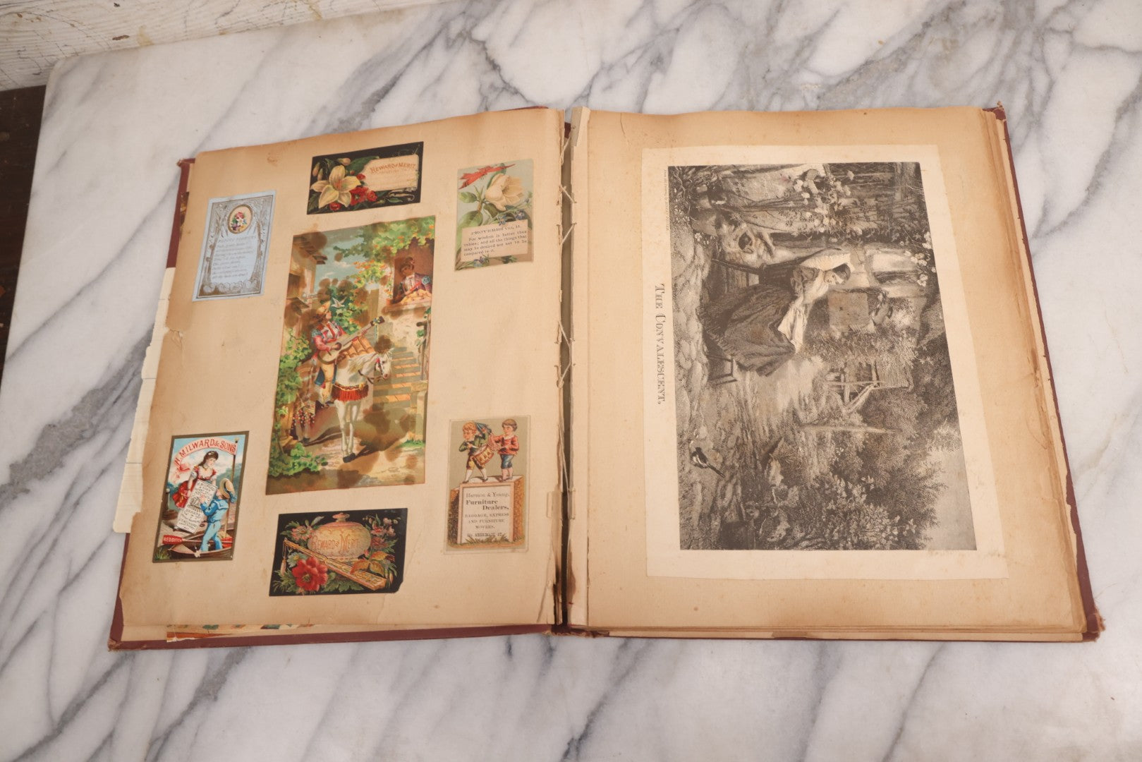 Lot 114 - Antique Victorian Scrapbook Album With Textured Urns On Cover Containing 70+ Pieces Including Trade Cards, Die Cuts, Calling Cards, And Other Scraps