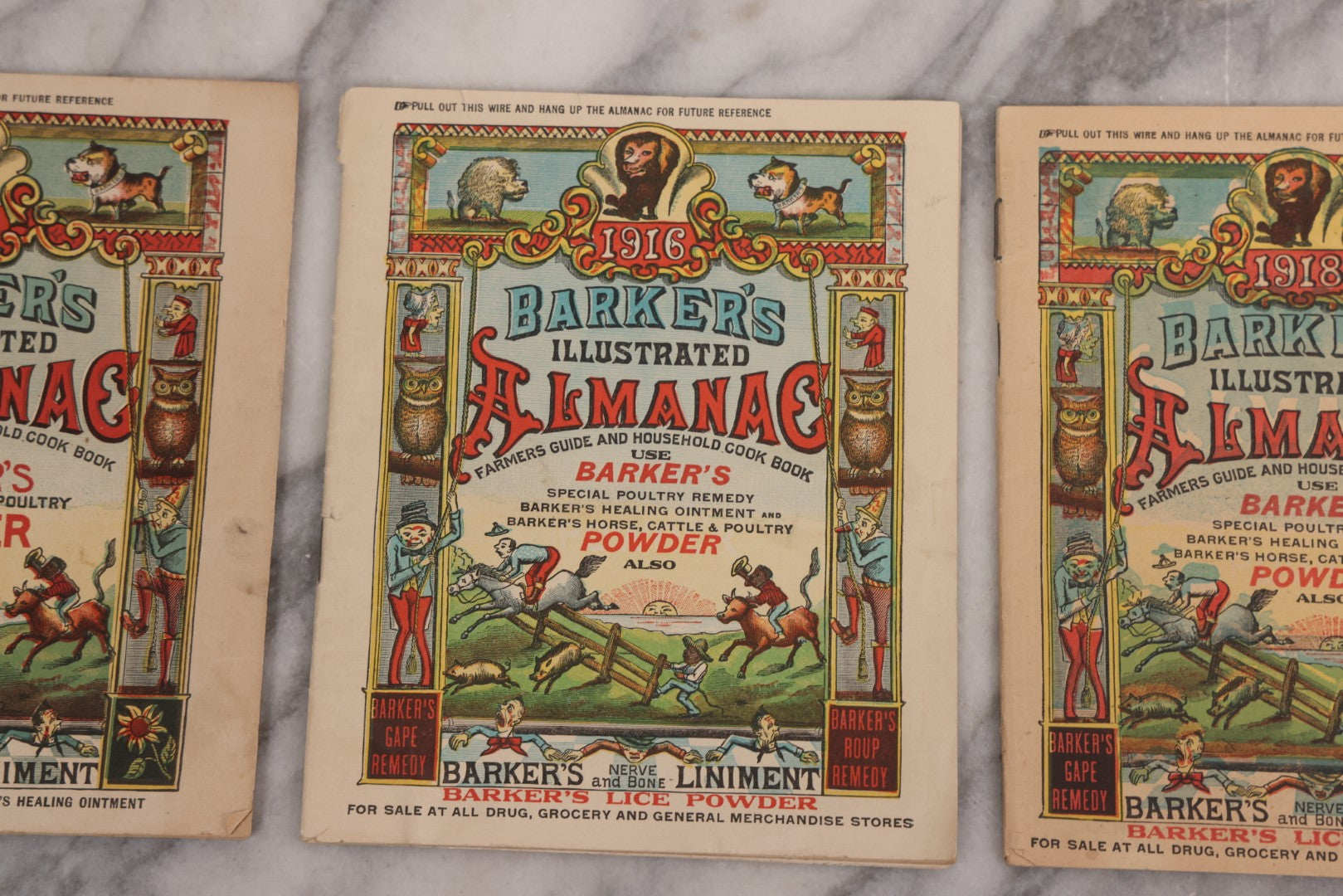 Lot 122 - Grouping Of Three "Barker's Illustrated Almanac" Advertising Numerous Patent Medicines Including Nerve And Bone Liniment, Others, For 1911, 1916, And 1918, With Comic Illustrations