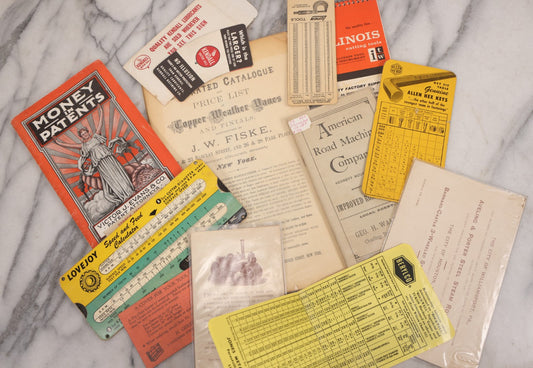 Lot 130 - Grouping Of Twelve Antique And Vintage Advertising Ephemera Pieces Including Kendall Motor Oils, American Road Machine Company, "Money In Patents" Booklet, Mechanical Paper Tools, Facsimile Reproduction Weathervane Catalogue And More