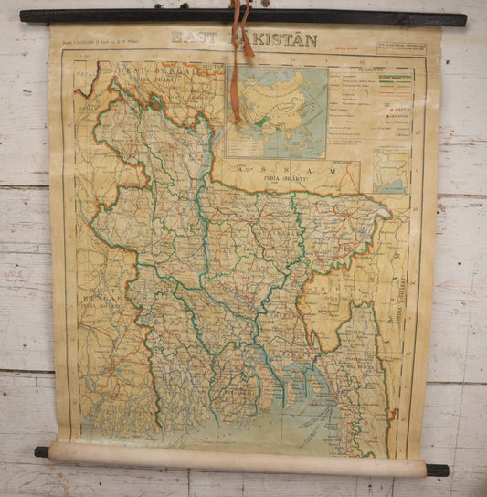 Lot 136 - Vintage Rolled Canvas Color Map Of East Pakistan, Printed By Ahmed Publishing House, Dacca, Pakistan, 1962, With Wood Hangers And Fabric Tie