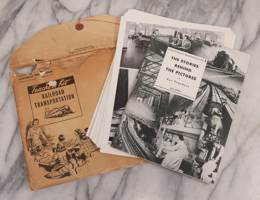Lot 137 - Vintage Paper Folder Teachers Kit Railroad Transportation With Button Closure, Containing 25+ Large Format Black And White Photograph Prints Of The Railroad Industry, And Magazine "The Story Behind The Pictures" With Bonus Teacher Content