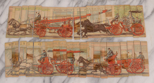 Lot 145 - Pair of Vintage Cardboard Firefighting Jigsaw Puzzles, Thin Vertical Pieces Depicting Early Fire Trucks, Firefighters, And Horses, Note Damage