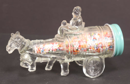 Lot 160 - Vintage Clear Glass Horse And Wagon Candy Container With Original Blue Metal Twist Cap, Note Front Leg Of Horse Broken Off, 4-1/2" Length