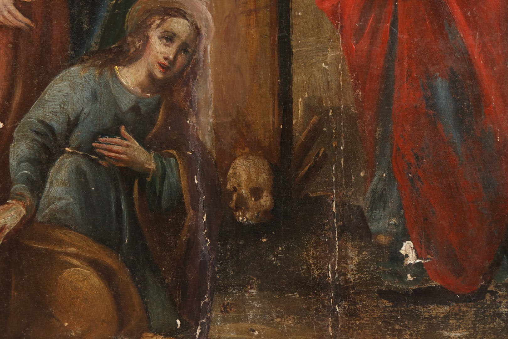 Lot 002 - Antique 19th Century Religious Devotional Painting On Wood Panel Depicting The Crucifixion Of Jesus With Mourners, Skull Of Adam 