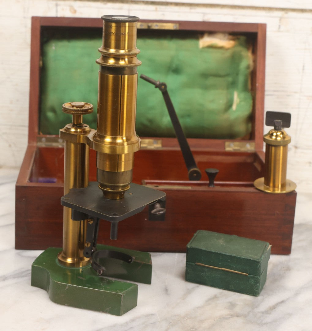 Lot 066 - Antique French Brass Microscope With Case And Contents, Manufactured By C. Verick, Paris, Circa 1885, Missing Note Parts, Many Loose Parts In Box