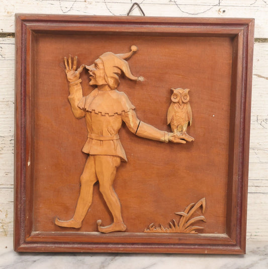Lot 074 - Vintage Hand Carved German Folk Art Wall Hanger, Jester Holding Owl Cocking A Snook