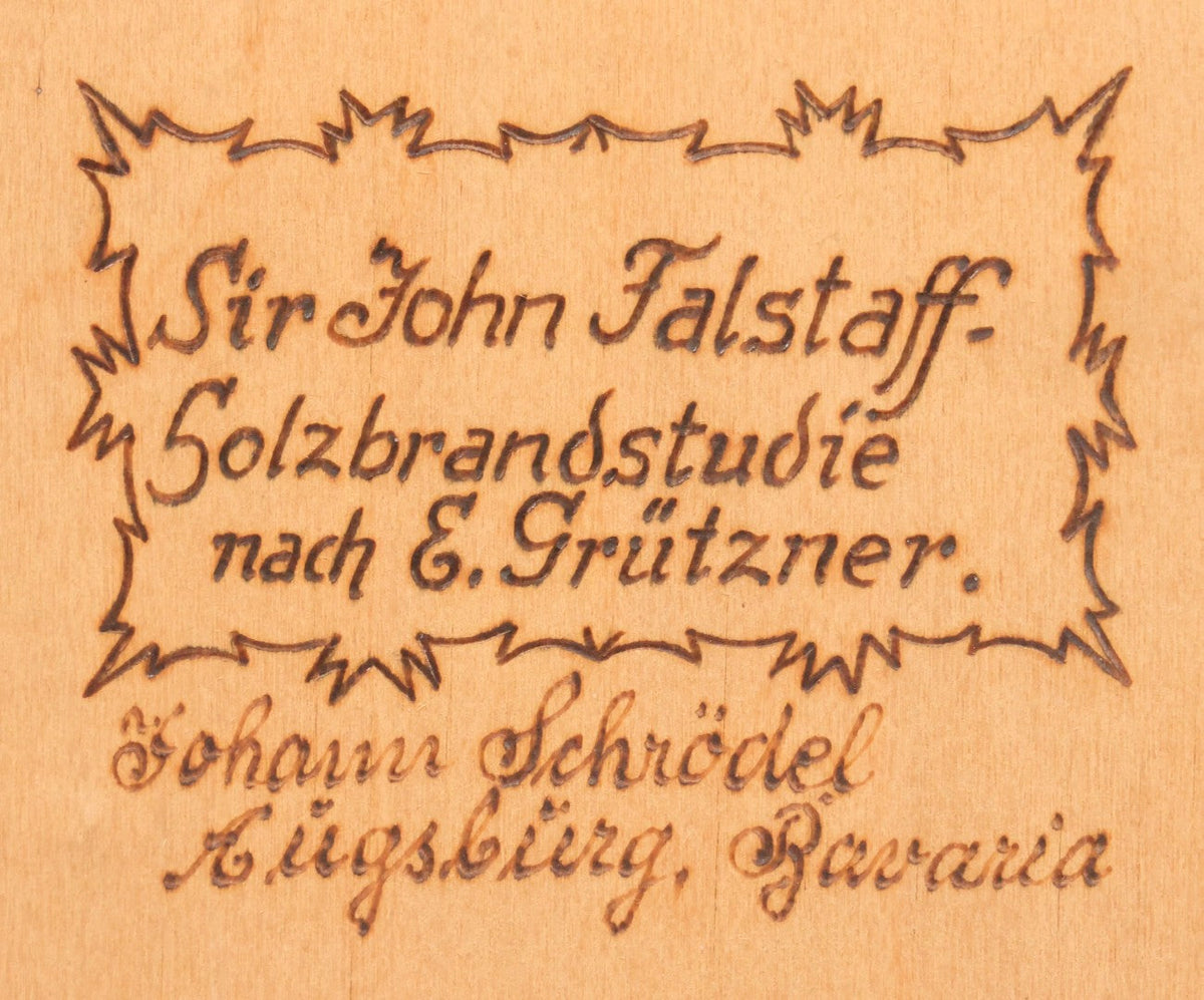 Lot 079 - Antique Wood Burned Pyrography German Folk Art, Sir John Fal ...