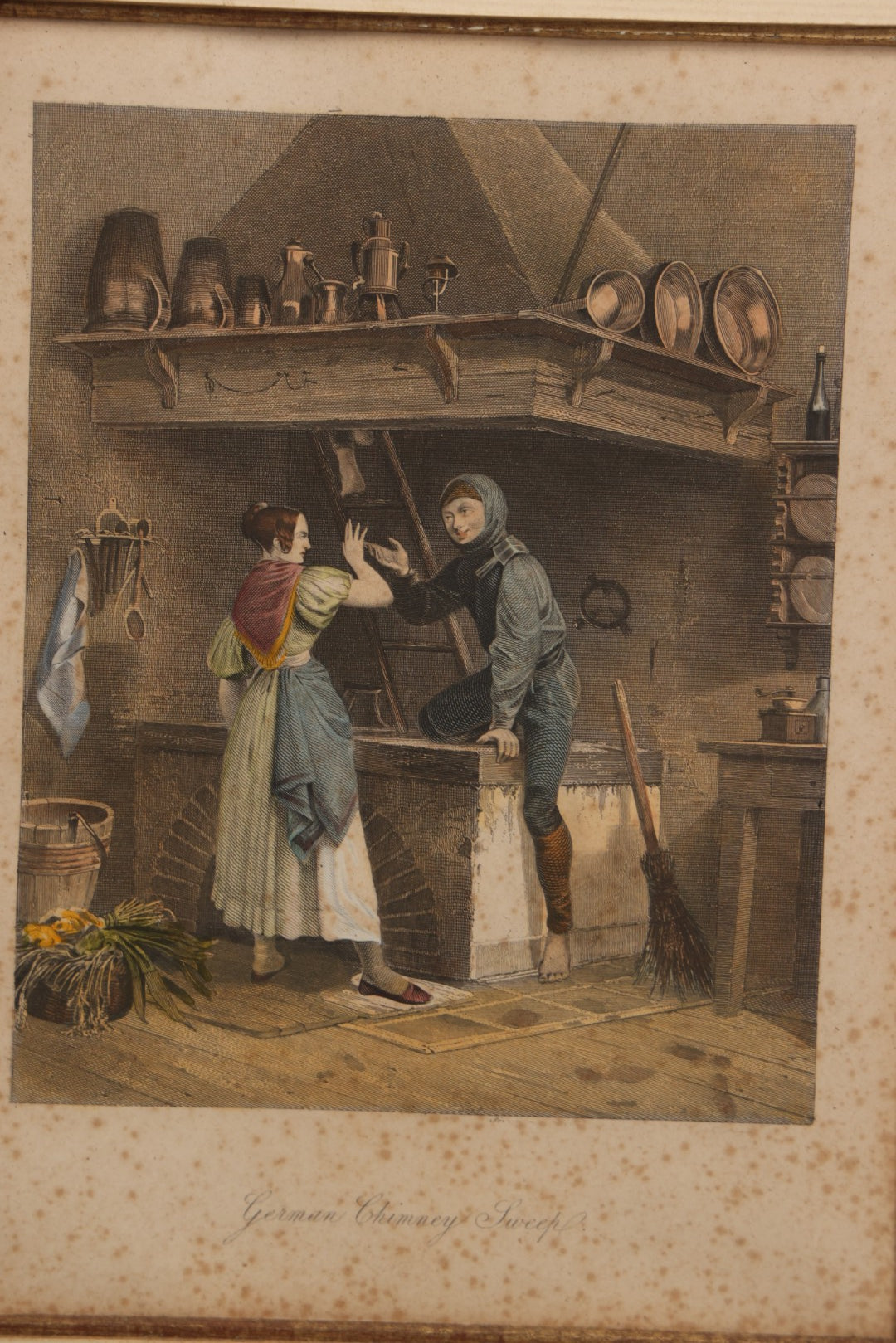 Lot 094 - Antique Hand Colored Engraving Of A German Chimney Sweep At Work, In Frame, No Glass