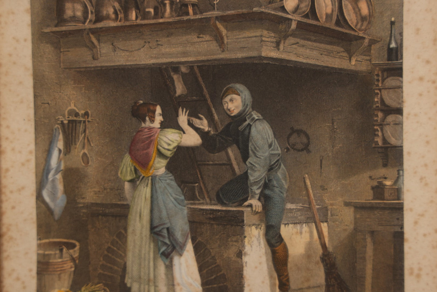 Lot 094 - Antique Hand Colored Engraving Of A German Chimney Sweep At Work, In Frame, No Glass