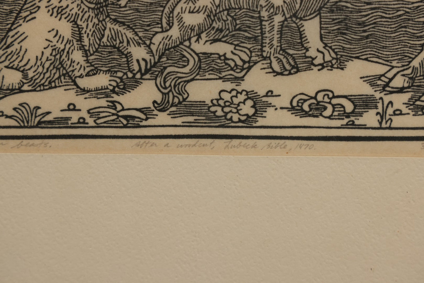 Lot 096 - Vintage Linoleum Block Print Titled "Daniel's Dream Of The Four Beasts" By Allen Bjorkman, After A Woodcut From The Lubeck Bible, 1470, Numbered Limited Edition 3/150, Artist Signed Pencil, Lower Right