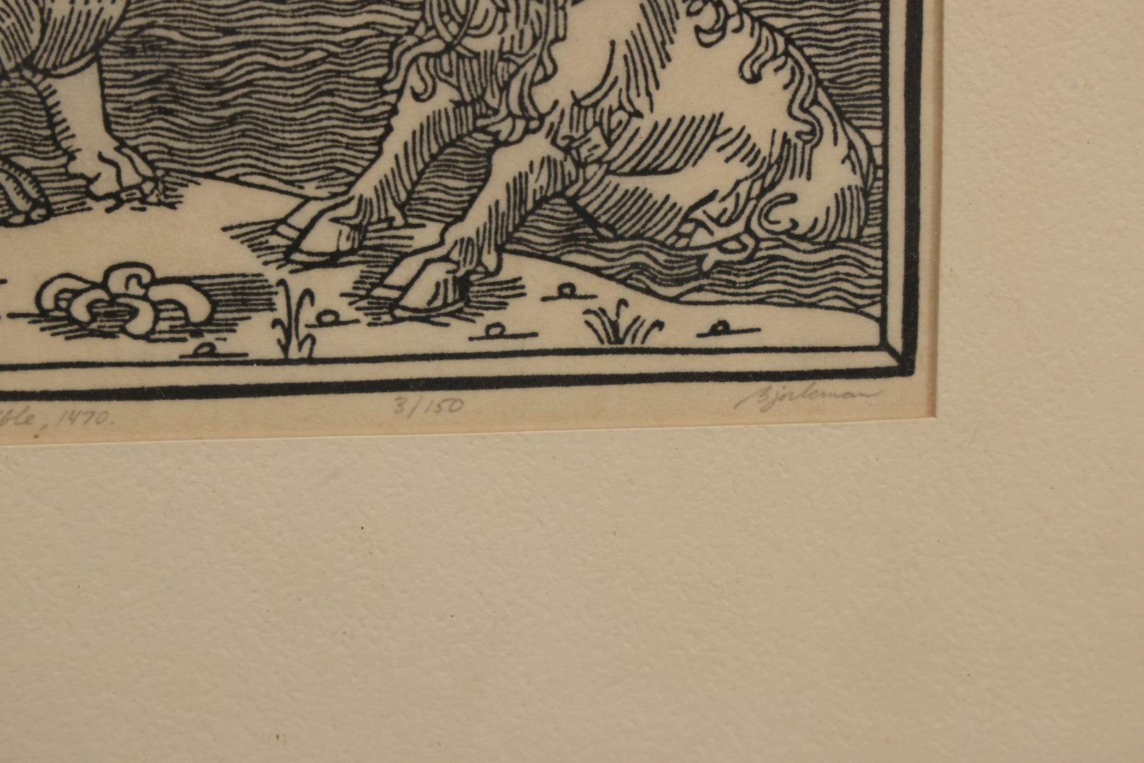 Lot 096 - Vintage Linoleum Block Print Titled "Daniel's Dream Of The Four Beasts" By Allen Bjorkman, After A Woodcut From The Lubeck Bible, 1470, Numbered Limited Edition 3/150, Artist Signed Pencil, Lower Right