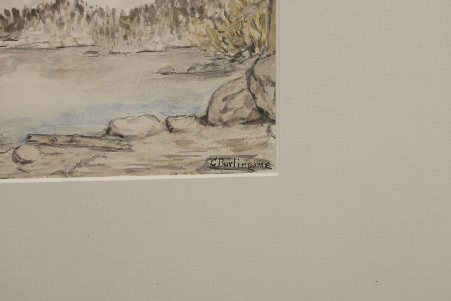 Lot 097 - Antique Watercolor Landscape Painting Of Lakeside Mountains, Signed And Attributed To Charles Albert Burlingame (American, 1860-1930), In Modern Frame