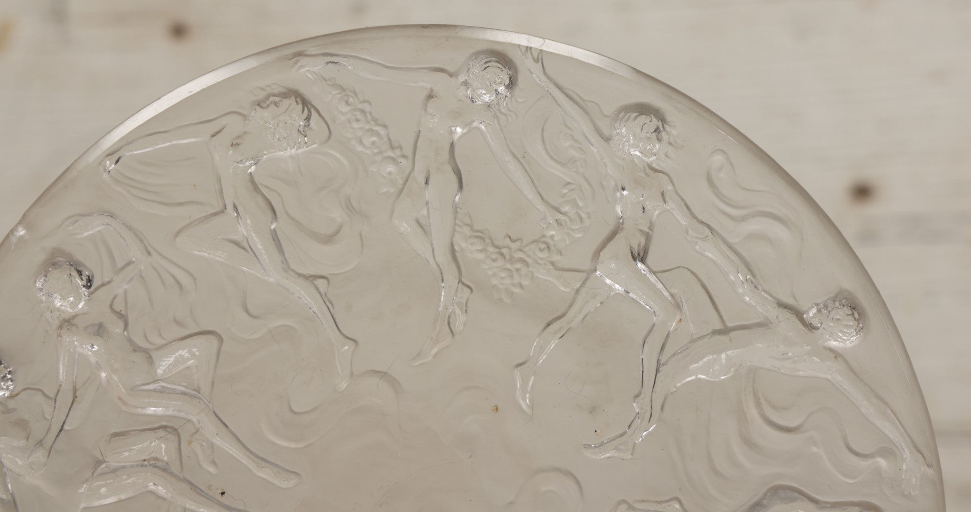 Lot 098 - Vintage Art Deco Frosted Glass Dancing Nymphs Tray Plate, Phoenix Consolidated Glass, Note Chips