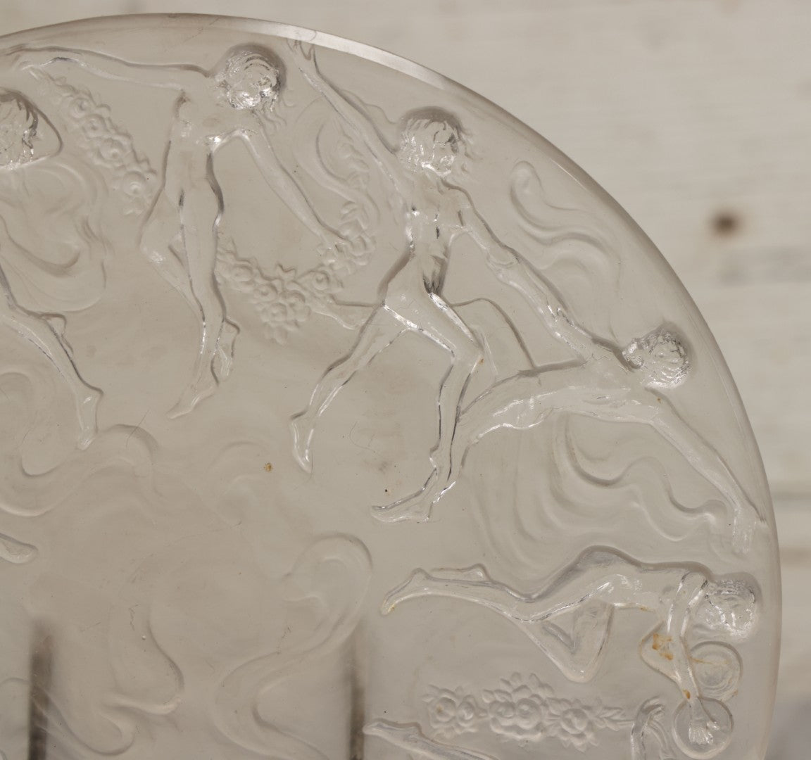 Lot 098 - Vintage Art Deco Frosted Glass Dancing Nymphs Tray Plate, Phoenix Consolidated Glass, Note Chips