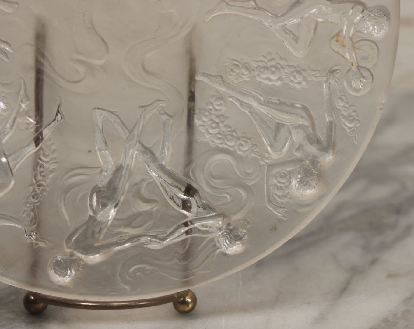 Lot 098 - Vintage Art Deco Frosted Glass Dancing Nymphs Tray Plate, Phoenix Consolidated Glass, Note Chips