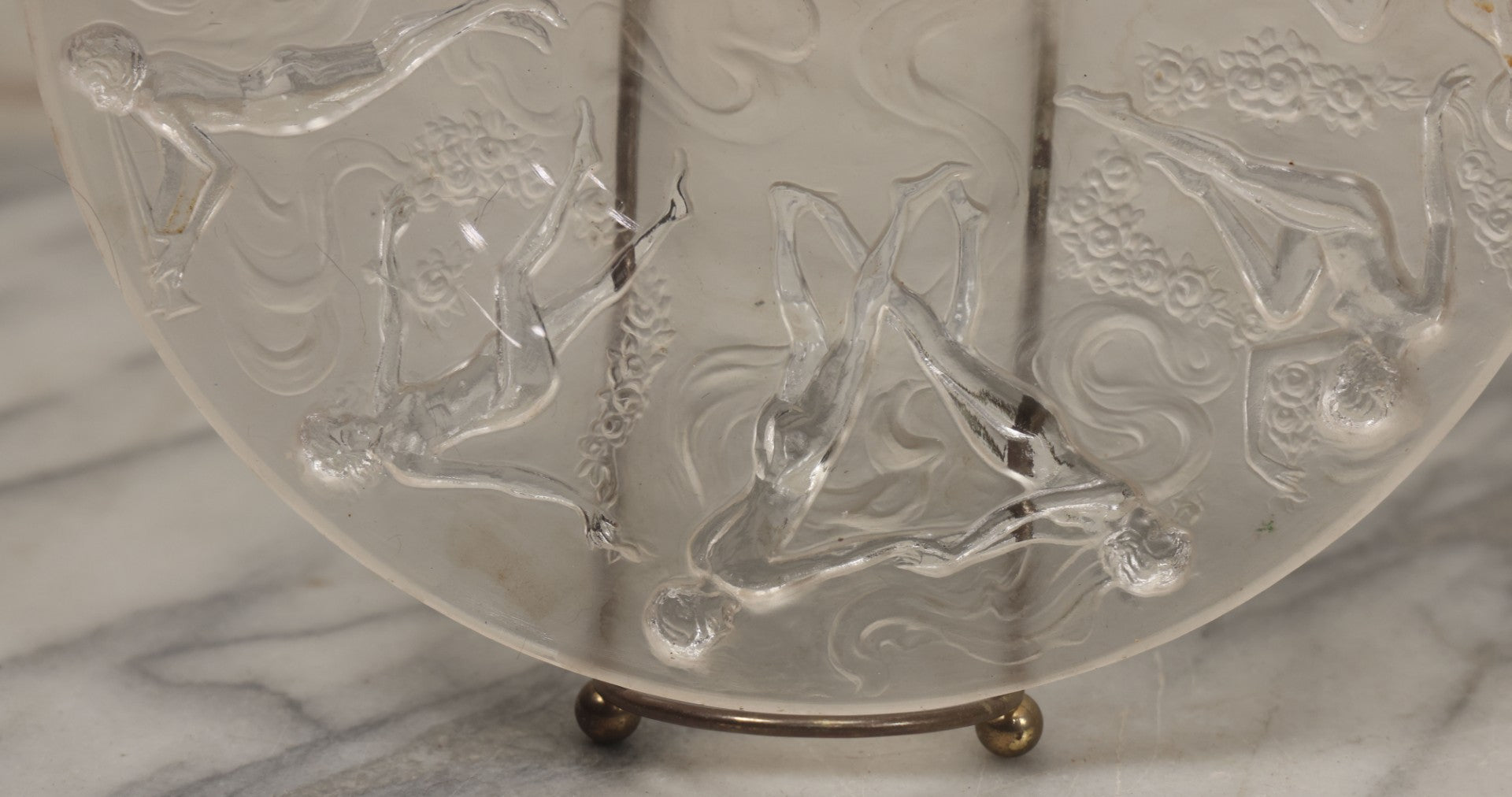 Lot 098 - Vintage Art Deco Frosted Glass Dancing Nymphs Tray Plate, Phoenix Consolidated Glass, Note Chips
