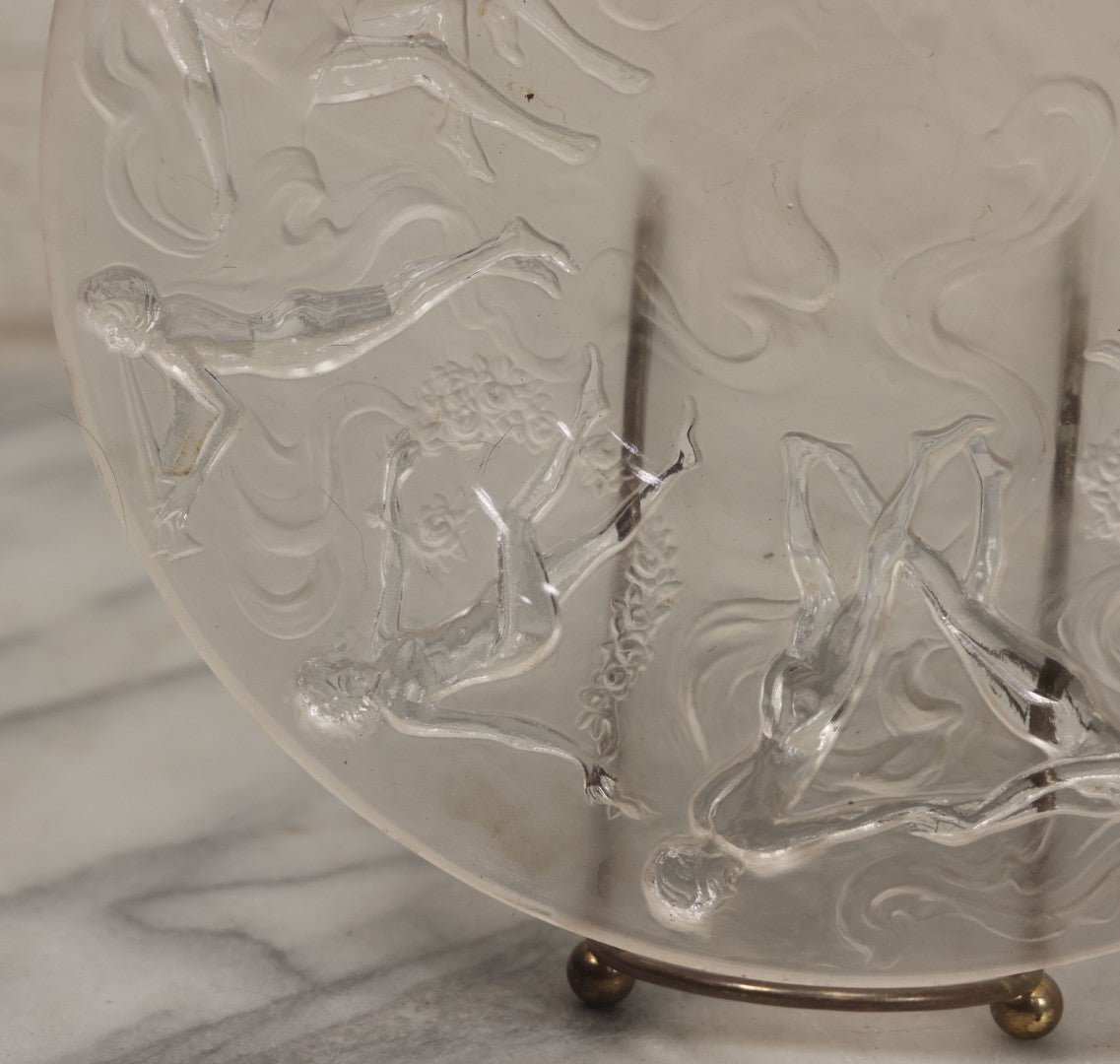 Lot 098 - Vintage Art Deco Frosted Glass Dancing Nymphs Tray Plate, Phoenix Consolidated Glass, Note Chips