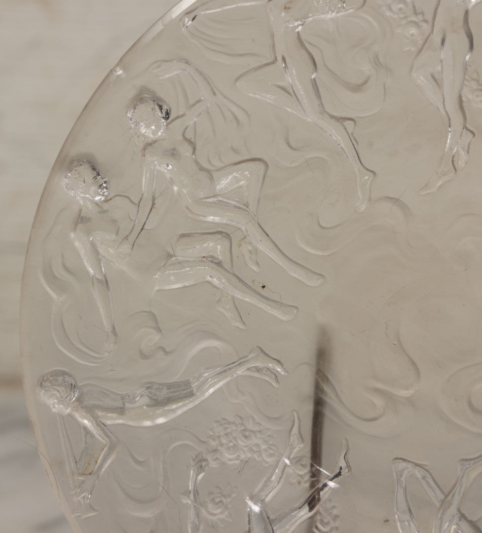 Lot 098 - Vintage Art Deco Frosted Glass Dancing Nymphs Tray Plate, Phoenix Consolidated Glass, Note Chips