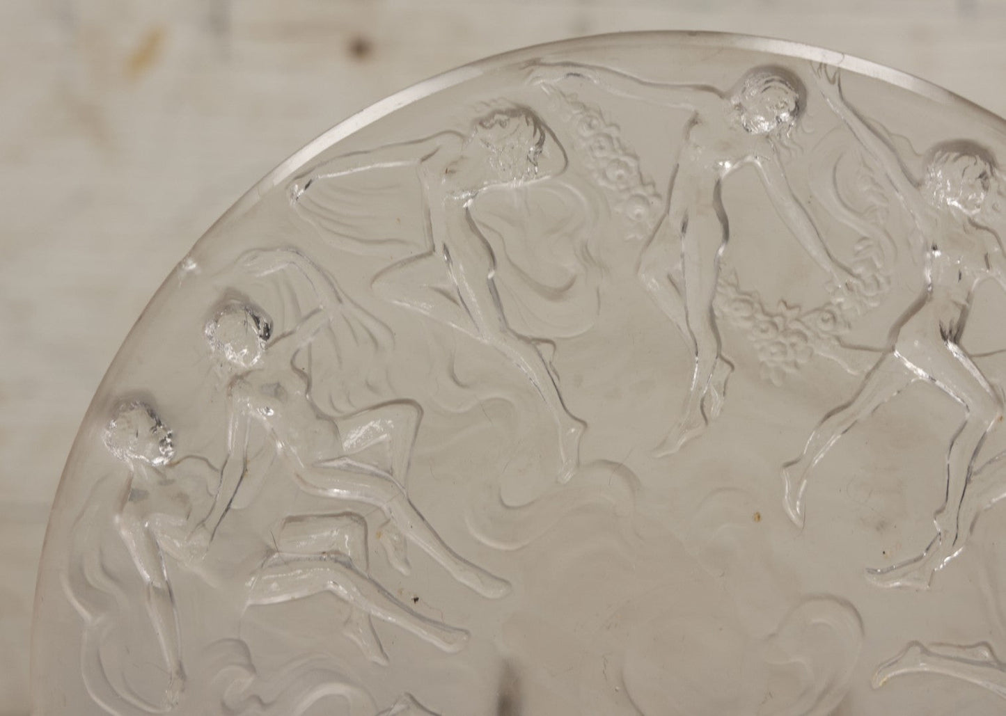Lot 098 - Vintage Art Deco Frosted Glass Dancing Nymphs Tray Plate, Phoenix Consolidated Glass, Note Chips