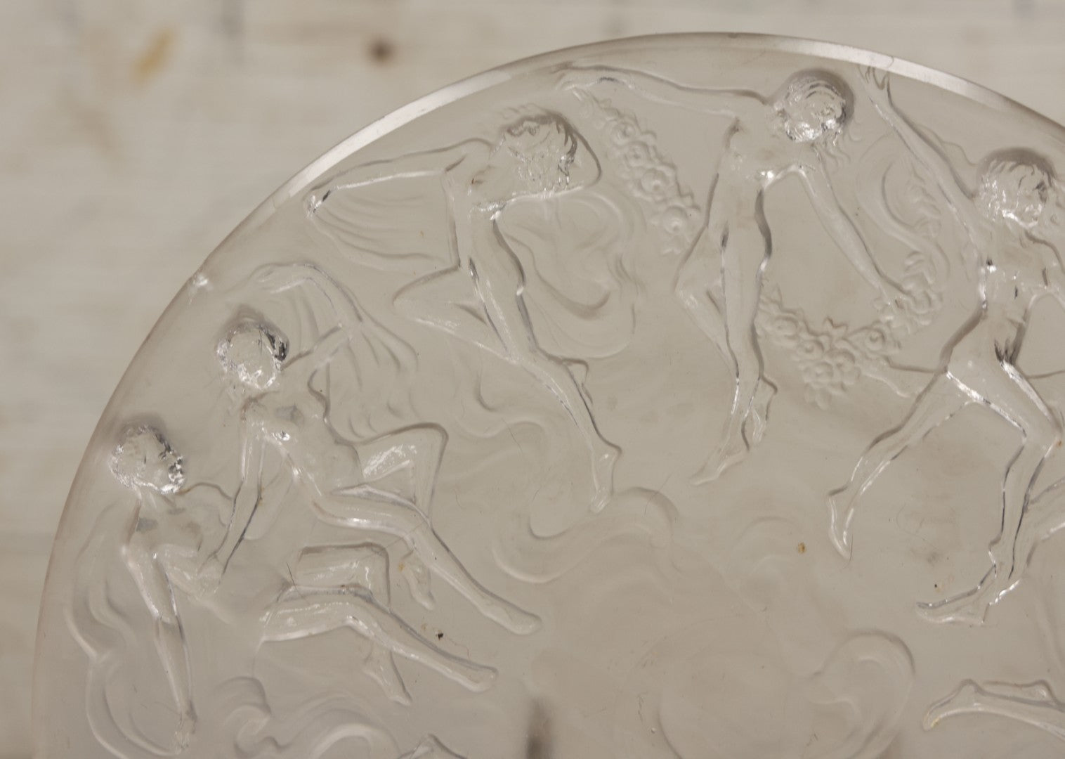 Lot 098 - Vintage Art Deco Frosted Glass Dancing Nymphs Tray Plate, Phoenix Consolidated Glass, Note Chips