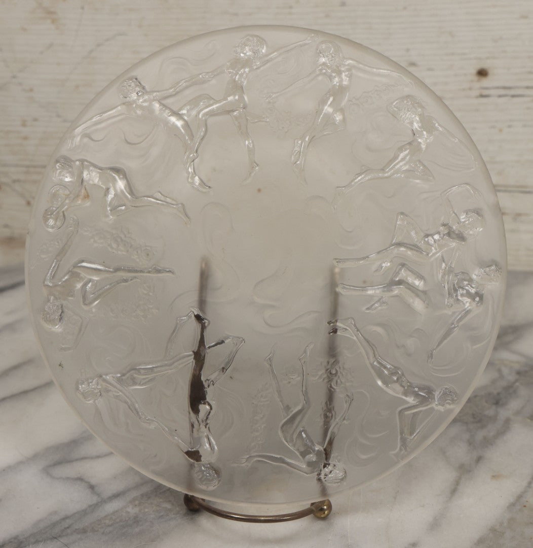 Lot 098 - Vintage Art Deco Frosted Glass Dancing Nymphs Tray Plate, Phoenix Consolidated Glass, Note Chips