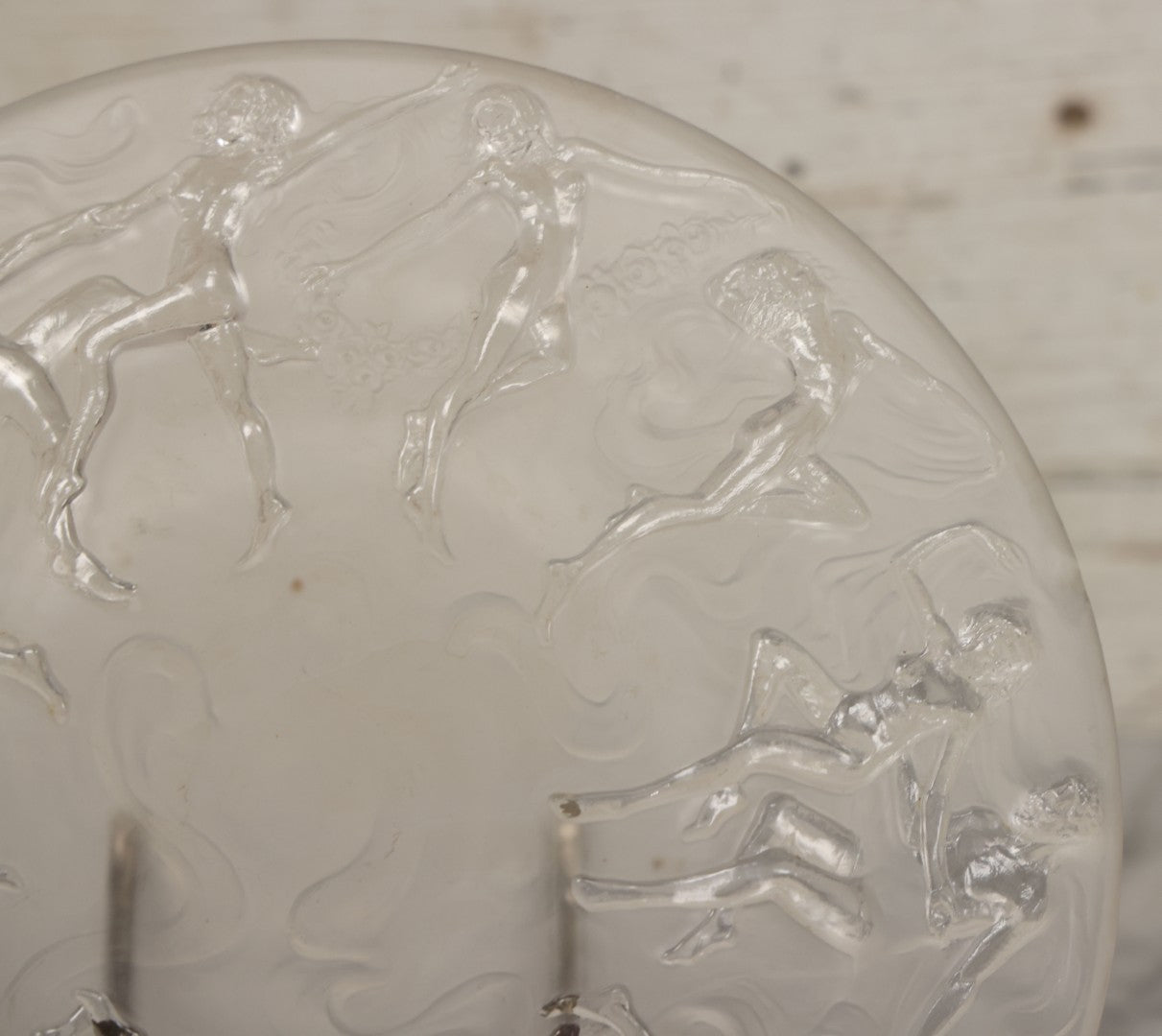 Lot 098 - Vintage Art Deco Frosted Glass Dancing Nymphs Tray Plate, Phoenix Consolidated Glass, Note Chips