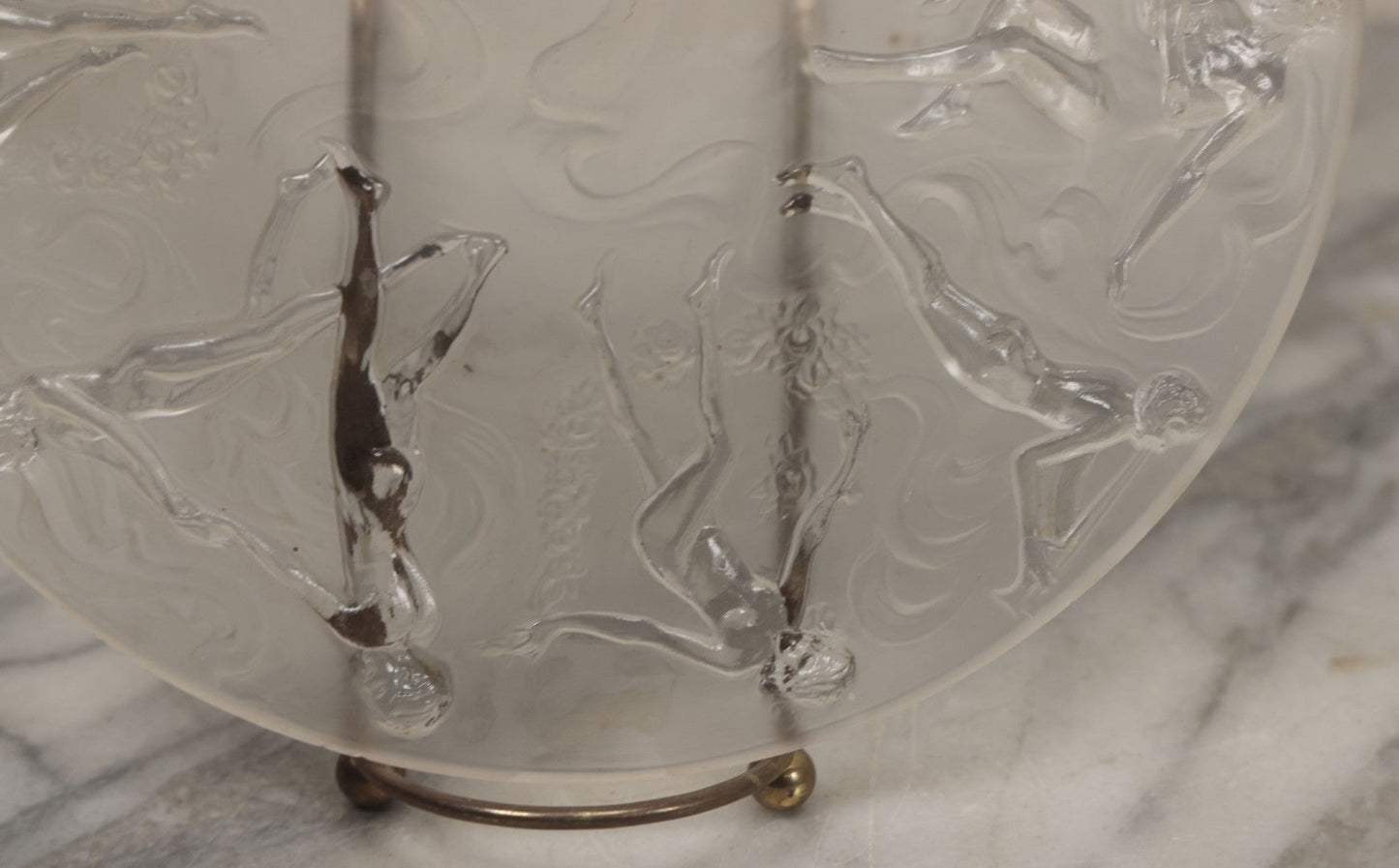 Lot 098 - Vintage Art Deco Frosted Glass Dancing Nymphs Tray Plate, Phoenix Consolidated Glass, Note Chips