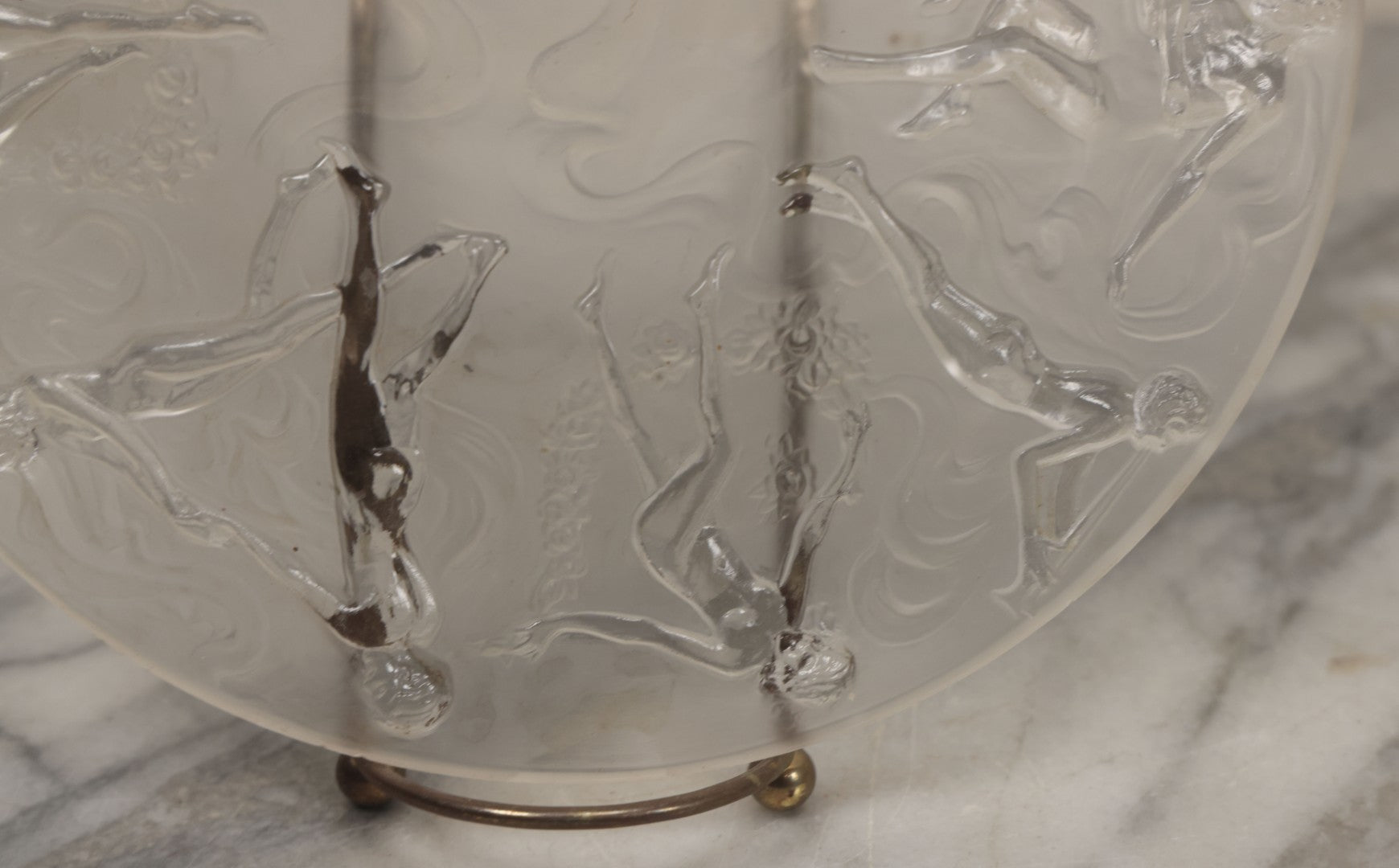 Lot 098 - Vintage Art Deco Frosted Glass Dancing Nymphs Tray Plate, Phoenix Consolidated Glass, Note Chips