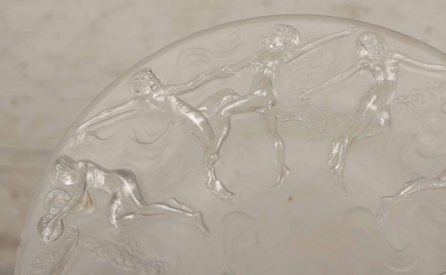 Lot 098 - Vintage Art Deco Frosted Glass Dancing Nymphs Tray Plate, Phoenix Consolidated Glass, Note Chips