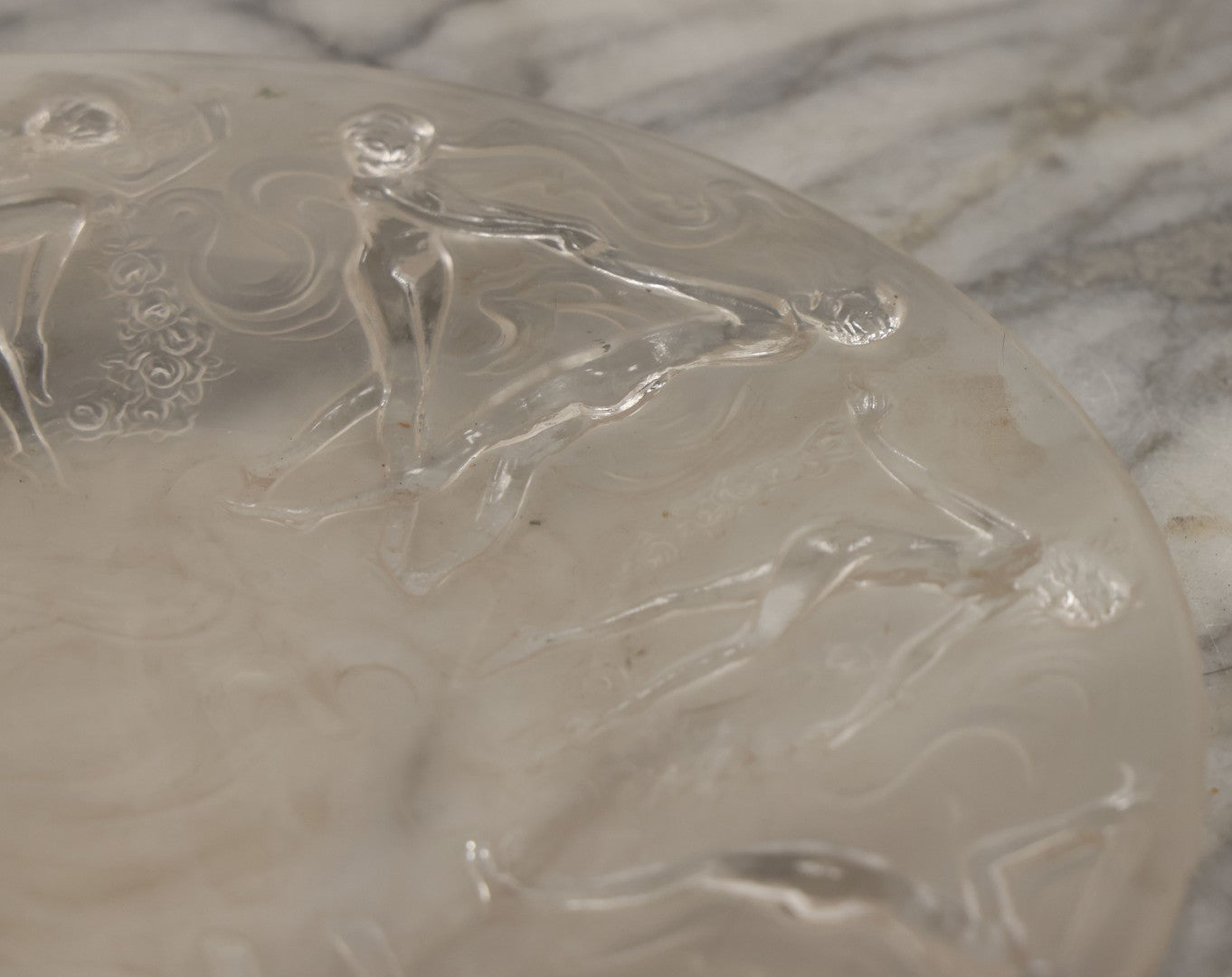 Lot 098 - Vintage Art Deco Frosted Glass Dancing Nymphs Tray Plate, Phoenix Consolidated Glass, Note Chips